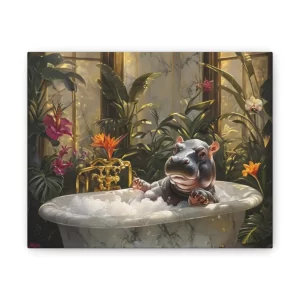 Whimsical Hippo Bath Canvas Art, Cute Animal Decor, Nursery Wall Art, Playful Home Decor, Gift for Kids, Bathroom Wall Art, Unique Artwork